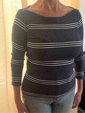GAP Navy and White Striped Long Sleeve Boatneck Top